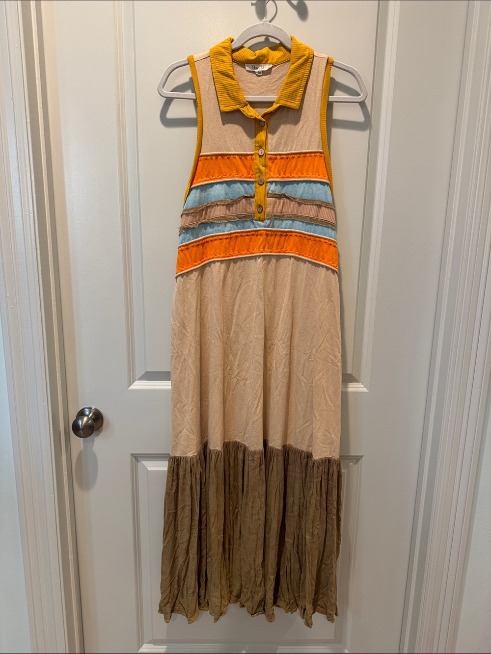 Oli & Hali Beige Maxi Dress with Orange, Blue & Brown Stripes